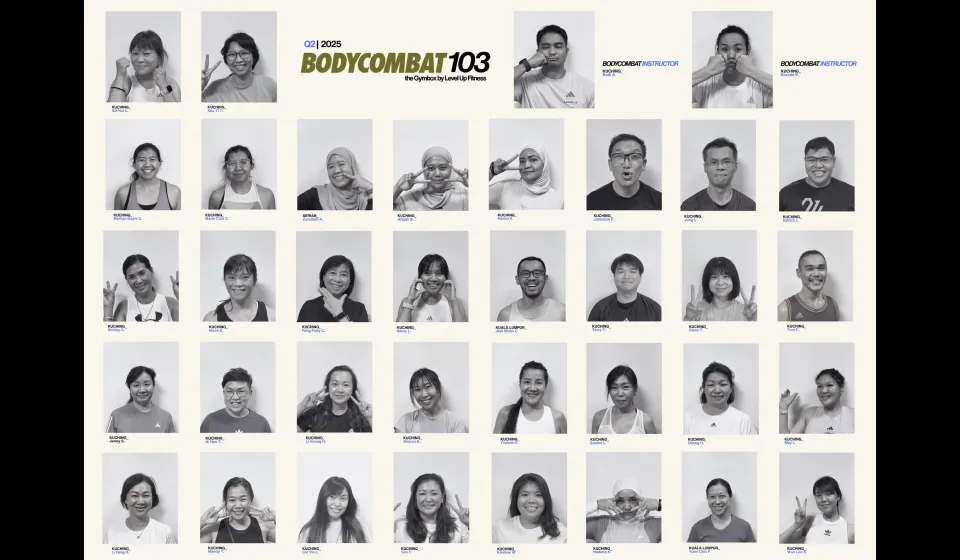 Grid of 35 grayscale portraits of people in various poses. "Q1 2025" appears above the green and black title "BODYCOMBAT 103" at the top center.